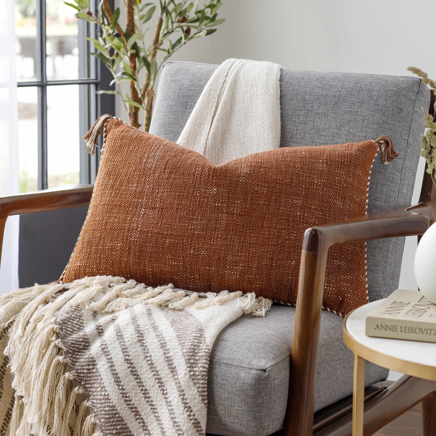 Brunel Brown Subtle Woven Stripe Cottage Country Cotton Accent Pillow - Clearance