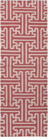 Close-up of Garnavillo Area Rug. Hand-woven wool rug in beige and rose with a geometric, maze-like pattern. Design-Runner-268