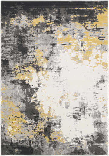 Close-up of the Gardners Area Rug. Contemporary design with black, charcoal, cream, gray, and mustard colors. Design-Rectangle-5376