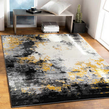 Contemporary room scene with Gardners Area Rug in black, charcoal, cream, gray, and mustard colors on wood floor. Roomscene-Rectangle