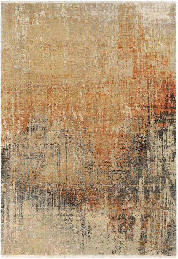 Close-up of the Geneseo Carpet. Hand-knotted wool rug in black, burnt orange, charcoal, cream, dusty sage, rust, and tan. Design-Rectangle-69