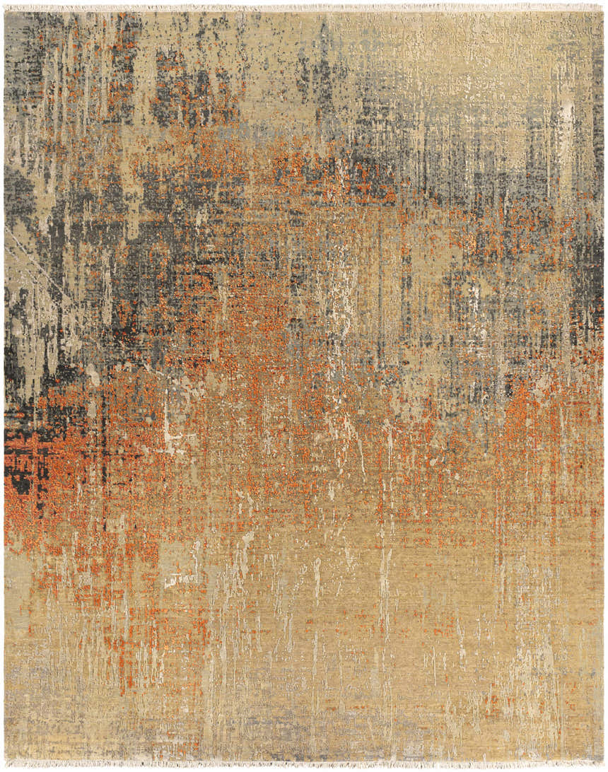 Close-up of the Geneseo Carpet featuring a contemporary abstract design in black, burnt orange, charcoal, and tan. Design-Rectangle-810