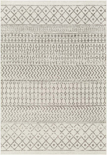 Close-up of the Genji Area Rug showcasing its gray geometric diamond, chevron, and linear patterns on a light background. Design-Rectangle-5376