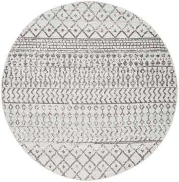 Close-up of a round Genji Area Rug. Gray and light gray geometric pattern. Farmhouse style. Design-Round-53