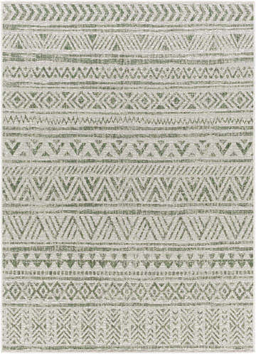 Close-up of Novato Olive rug with an all-over geometric pattern in dark gray, light gray, and olive green hues. Design-Rectangle-537