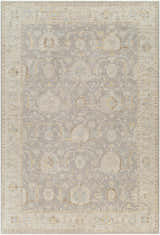 Close-up of the Giang Thick Luxe Area Rug in beige and gray, featuring a traditional floral pattern and subtle texture. Design-Rectangle-6796