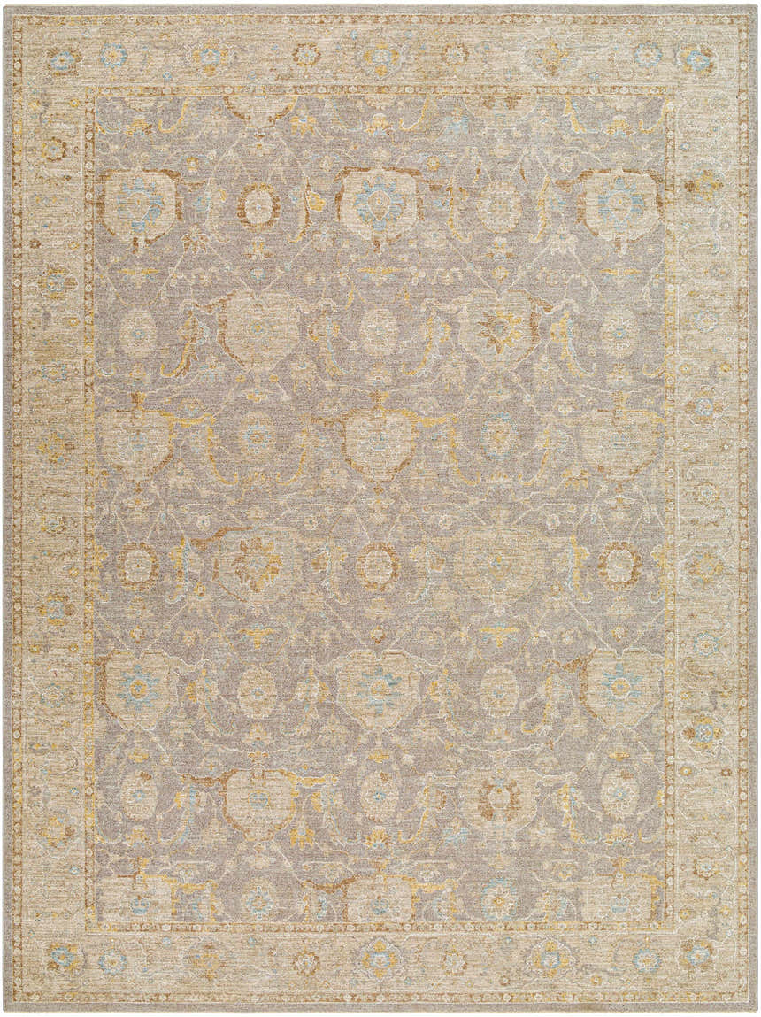 Detailed Giang Thick Luxe Area Rug in beachhouse beige and gray with traditional floral pattern. Design-Rectangle-912