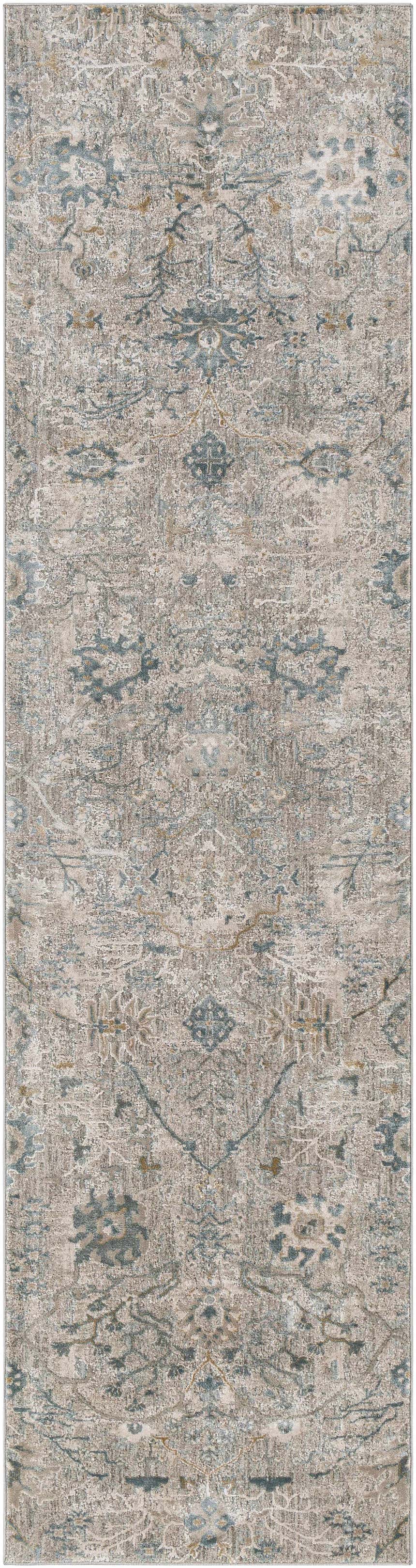 Detailed texture of the Gilmanton Thick Luxe Boutique Rug in dusty sage, gray, and beige tones. Design-Runner-2710