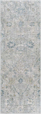 Close-up of the Gilmanton Thick Luxe Boutique Rug, showcasing its dusty sage, gray, and light beige traditional pattern. Design-Runner-2773