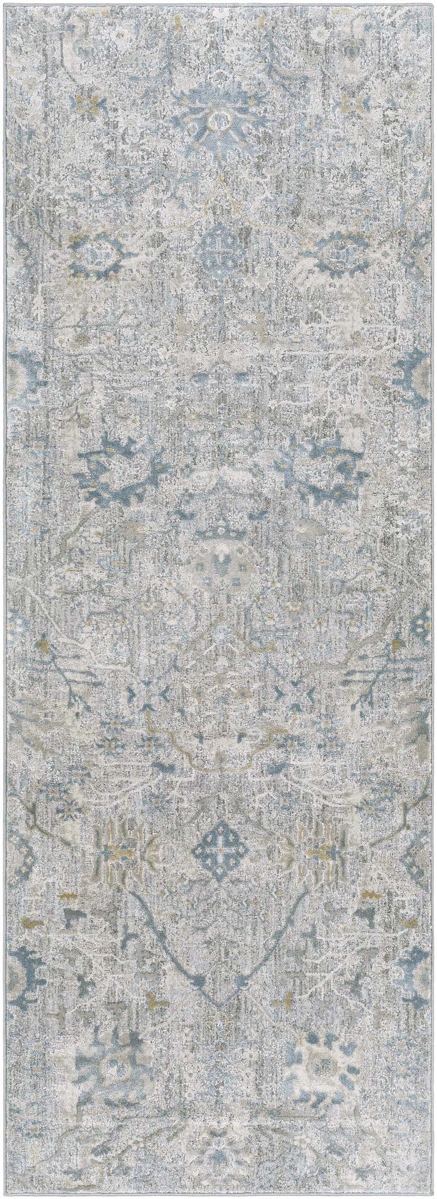 Close-up of the Gilmanton Thick Luxe Boutique Rug, showcasing its dusty sage, gray, and light beige traditional pattern. Design-Runner-2773