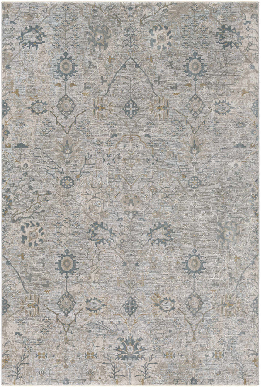Close-up of the Gilmanton Thick Luxe Boutique Rug. Features a traditional design in dusty sage, gray, and beige tones. Design-Rectangle-6796