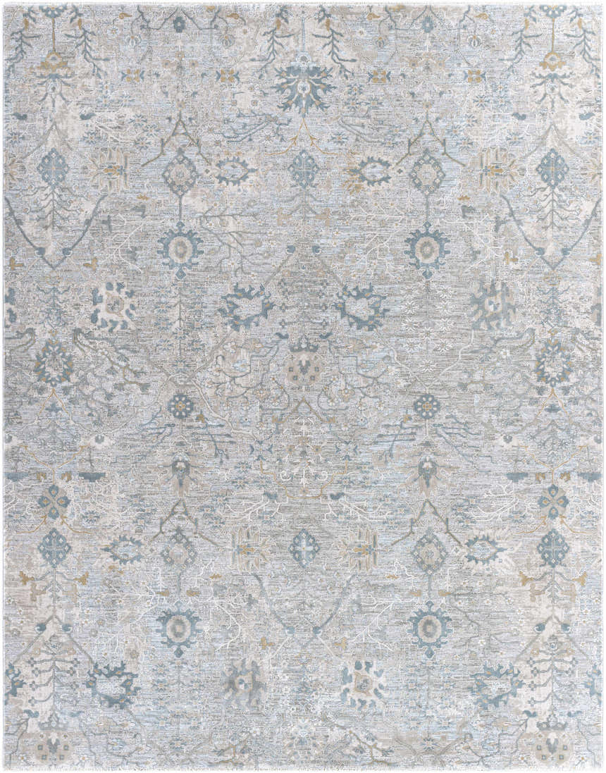 Detailed view of the Gilmanton Thick Luxe Boutique Rug, featuring a traditional pattern in dusty sage, gray, and beige tones. Design-Rectangle-710103