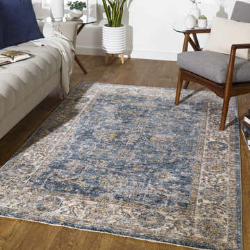 Living room scene with a Gimli Oriental Blue Area Rug, sofa, chair, wood floors, and natural light. Roomscene-Rectangle