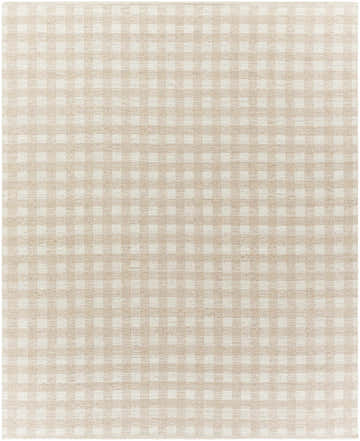 Close-up of the Garth Wool Rug. Hand-woven rug with a tan and ivory checkered pattern. Farmhouse style. Design-Rectangle-810