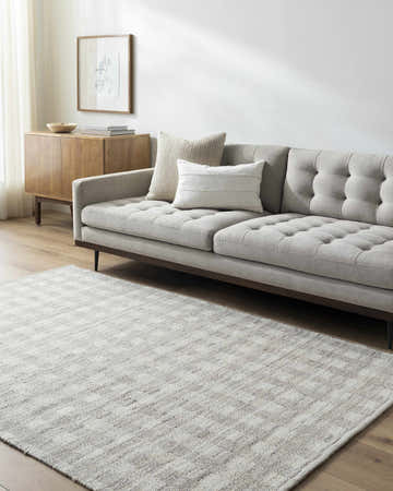Living room scene with a cream Garth Area Rug, gray sofa, and wood cabinet. Roomscene-Rectangle