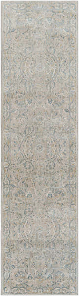 Close-up of the Glengarry Thick Luxe Boutique Rug, showcasing its traditional pattern in dusty sage, light beige, and teal. Design-Runner-2710