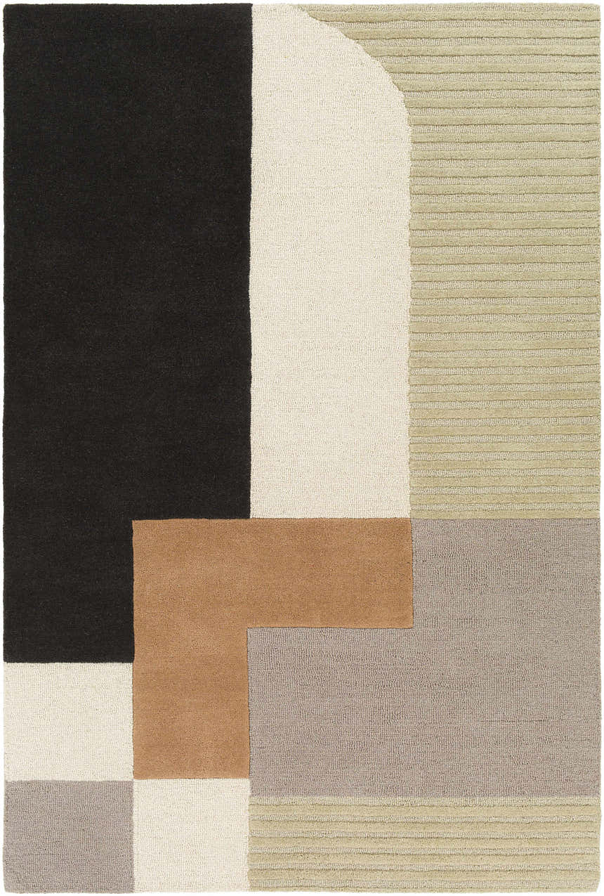 Close-up of the Glenmavis Area Rug, a hand-tufted wool rug with a geometric pattern in black, beige, gray, peach, and tan. Design-Rectangle-576