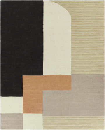 Geometric Glenmavis Area Rug. Hand-tufted wool rug in black, beige, gray, peach, and tan. Contemporary, Scandinavian style. Design-Rectangle-810