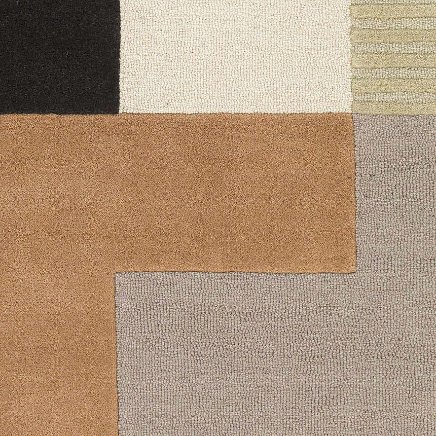 Close-up of Glenmavis Area Rug. Geometric pattern in black, beige, gray, peach, and tan wool. Hand-tufted texture. Swatch