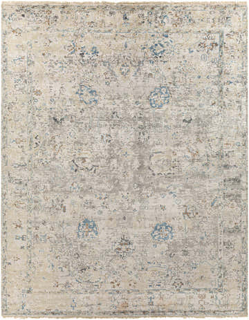 Close-up of the Gonzaga Premium Rug - Clearance. Hand-knotted viscose rug with beige, gray, brown, and blue traditional pattern. Design-Rectangle-810