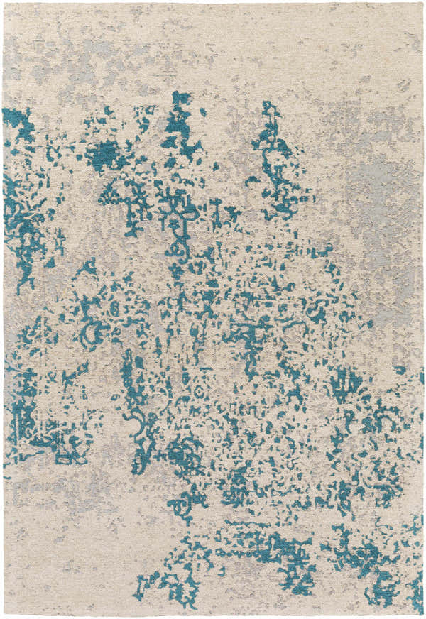 Close-up of the Sweeny Beige/Blue Abstract Area Rug. Contemporary design with teal, beige, and ivory hues. Hand woven polyester. Design-Rectangle-576