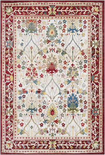 Detailed Neola White/Red Damask Area Rug. Traditional rug with floral damask pattern and brick red border. Design-Rectangle-5174
