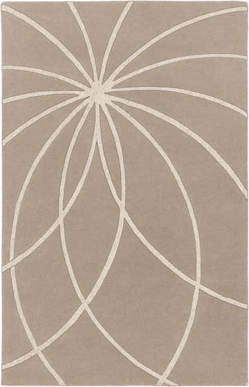Close-up of the Gouldsboro Carpet. Tan wool rug with a contemporary ivory floral burst pattern. Hand-tufted texture. Design-Rectangle-58
