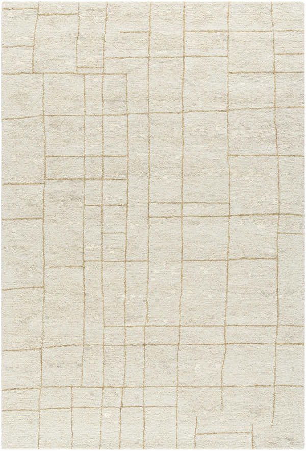 Close up of the Ailani Area Rug, ash and pearl wool with a hand-tufted geometric grid pattern. Design-Rectangle-576