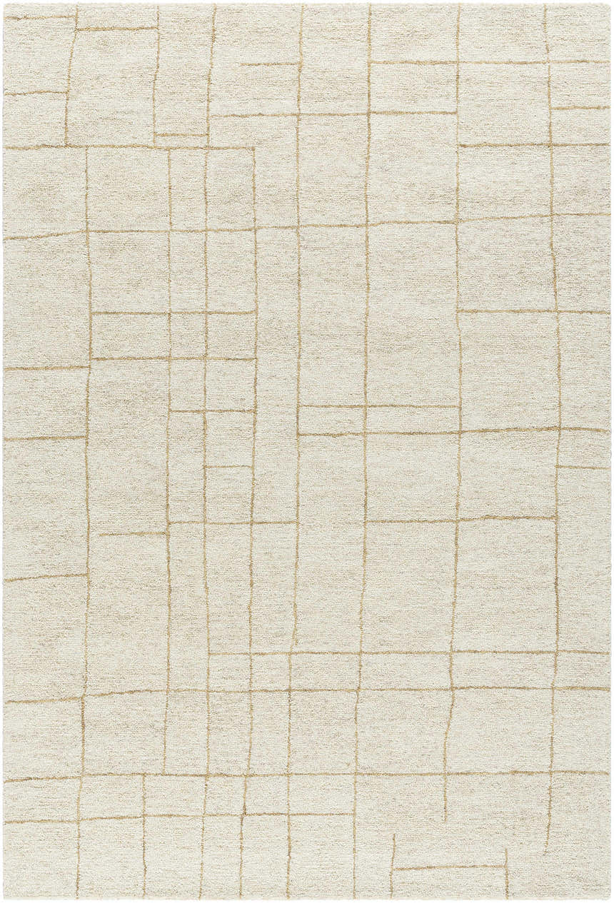 Close up of the Ailani Area Rug, ash and pearl wool with a hand-tufted geometric grid pattern. Design-Rectangle-576