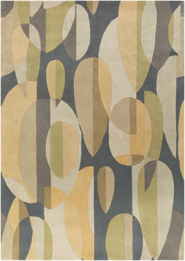 Close-up of the hand-tufted Grampian Area Rug. Contemporary design in olive, sage, slate blue, tan, and teal wool. Design-Rectangle-811