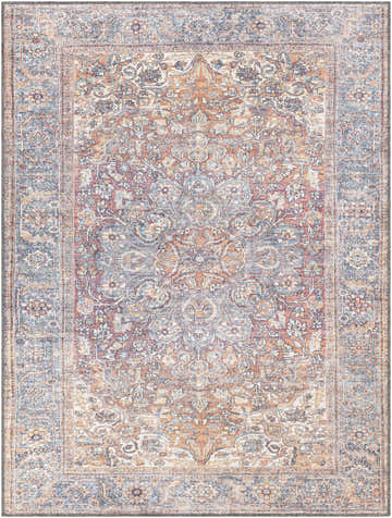 Detailed Rust Gardnertown Medallion Washable Area Rug with brick red, cream, and blue oriental pattern. Design-Rectangle-537