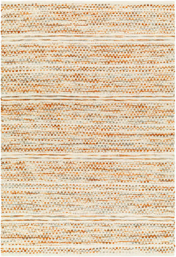 Close-up of Griet Hand Woven Wool Rug. Farmhouse style rug with beige, orange, gray, and light brown woven pattern. Design-Rectangle-576