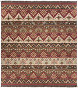 Close-up of the Grimsby Wool Area Rug. Hand-woven rug with burgundy, brown, sage, and beige Southwestern-style geometric patterns. Design-Rectangle