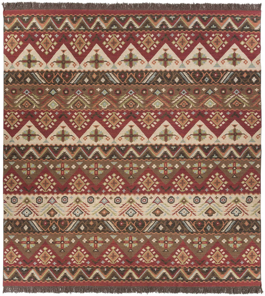 Close-up of the Grimsby Wool Area Rug. Hand-woven rug with burgundy, brown, sage, and beige Southwestern-style geometric patterns. Design-Rectangle