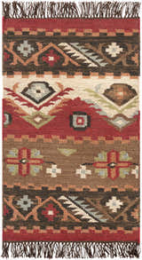 Close-up of the Grimsby Wool Area Rug. Hand woven rug with burgundy, brown, sage, and gray bohemian-style geometric patterns and fringe. Design-Rectangle-23