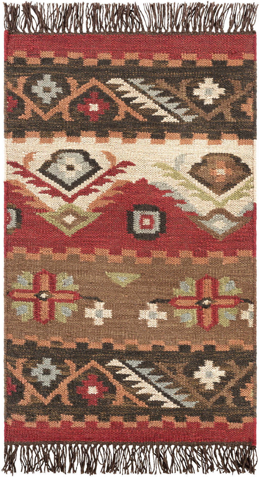 Close-up of the Grimsby Wool Area Rug. Hand woven rug with burgundy, brown, sage, and gray bohemian-style geometric patterns and fringe. Design-Rectangle-23
