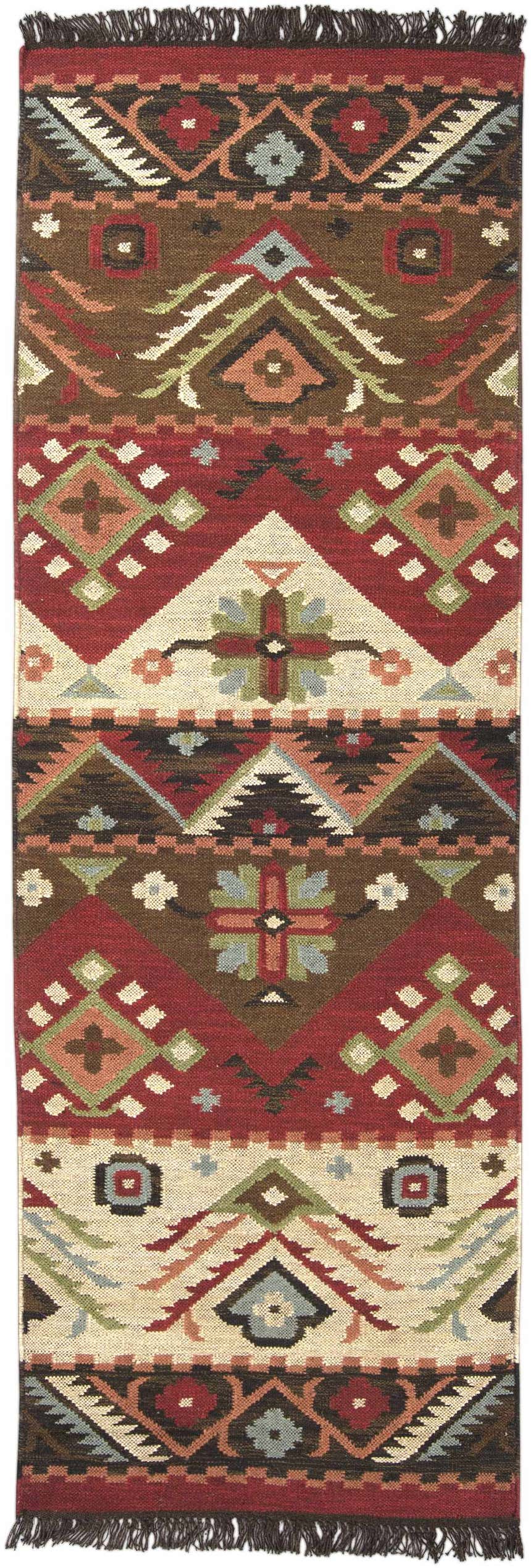 Detailed Grimsby Wool Area Rug close-up. Burgundy, brown, sage, and beige Southwestern geometric pattern and fringe. Design-Runner-268