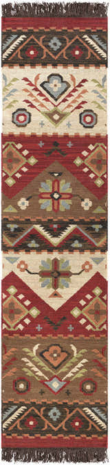 Close-up of the Grimsby Wool Area Rug. Hand-woven runner rug with burgundy, brown, sage, and beige Southwestern-style design. Design-Runner-28