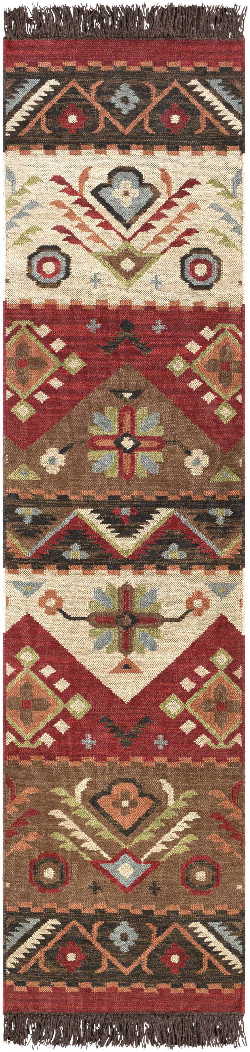 Close-up of the Grimsby Wool Area Rug. Hand-woven runner rug with burgundy, brown, sage, and beige Southwestern-style design. Design-Runner-28