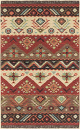 Detailed close-up of the hand-woven Grimsby Wool Area Rug, featuring burgundy, brown, and beige geometric patterns. Design-Rectangle-58
