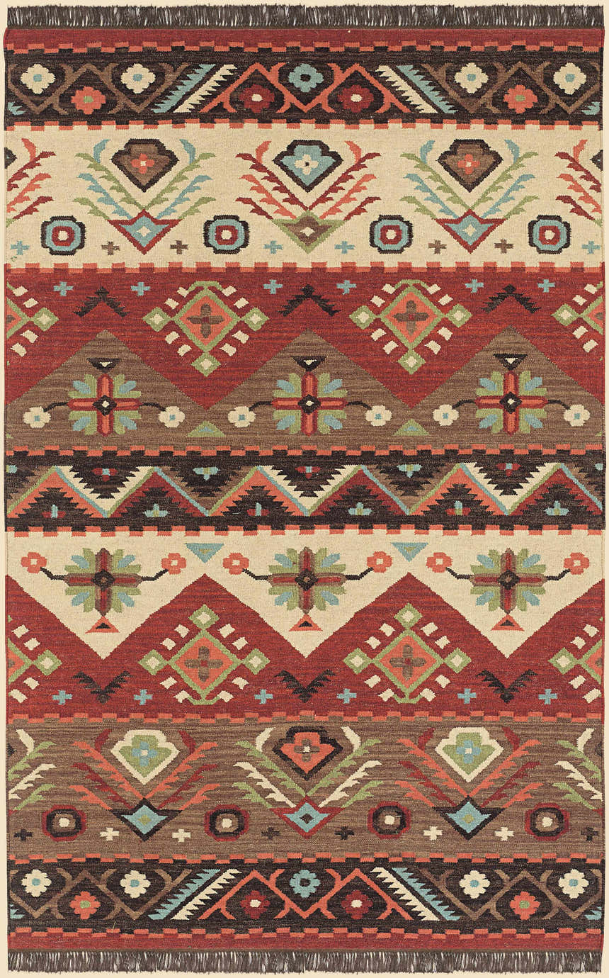 Detailed close-up of the hand-woven Grimsby Wool Area Rug, featuring burgundy, brown, and beige geometric patterns. Design-Rectangle-58