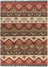 Close-up of the Grimsby Wool Area Rug. Features a bohemian, Southwestern-inspired design with burgundy, brown, and beige tones. Design-Rectangle-811