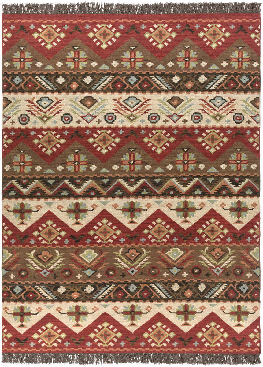 Close-up of the Grimsby Wool Area Rug. Features a bohemian, Southwestern-inspired design with burgundy, brown, and beige tones. Design-Rectangle-811