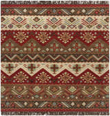 Close-up of the Grimsby Wool Area Rug showing its bohemian-inspired geometric pattern and rich burgundy, brown, and beige hues. Design-Square-8
