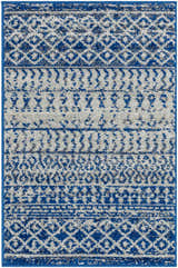 Close-up of the Constantin Blue Area Rug, featuring a blue, gray, and white geometric pattern. Design-Rectangle-23