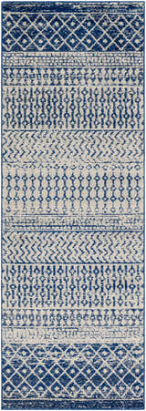 Close-up of the Constantin Blue Area Rug featuring a bohemian-inspired geometric pattern in blue, gray, and white. Design-Runner-2776