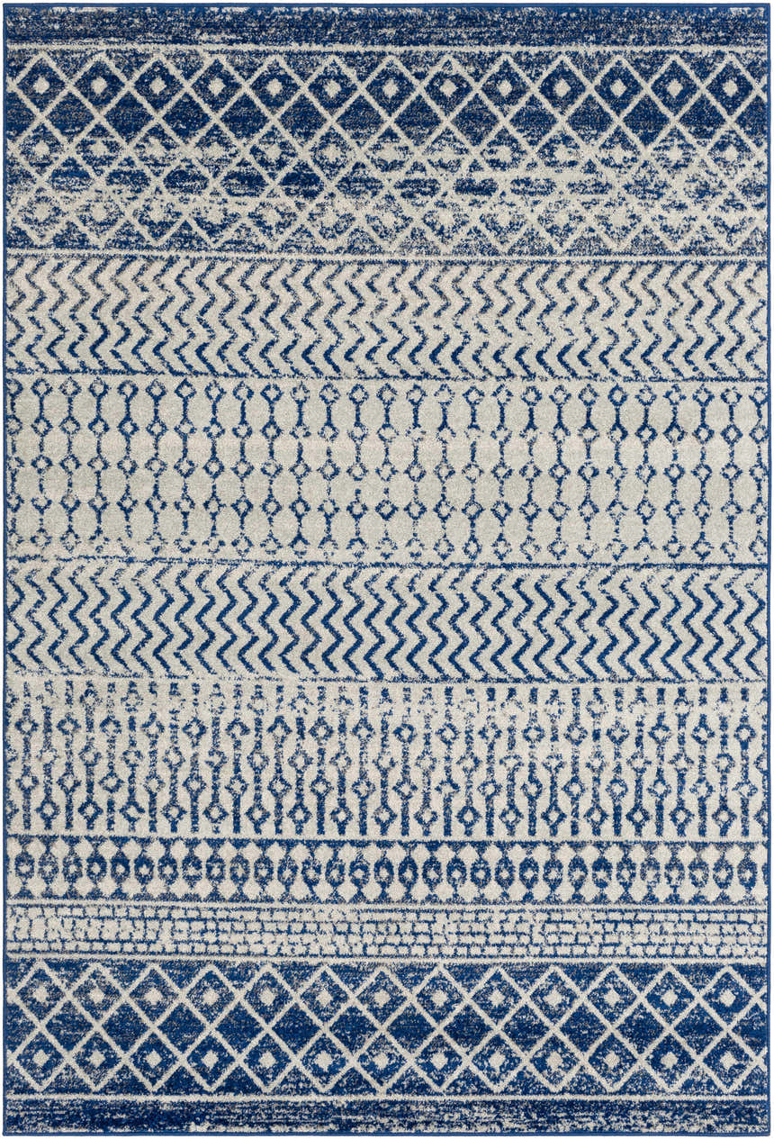 Close-up of the Constantin Blue Area Rug featuring a bohemian-inspired geometric pattern. Design-Rectangle-537