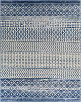 Close-up of the Constantin Blue Area Rug featuring a bohemian-inspired geometric pattern in blue, gray, and white. Design-Rectangle-710103