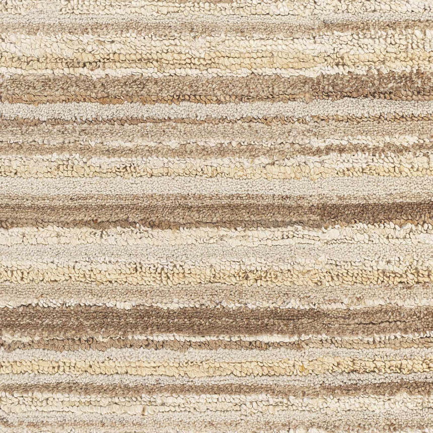 Close-up of the Greenbackvile Area Rug, showcasing its cream, beige, and brown horizontal stripes and hand-woven texture. Swatch