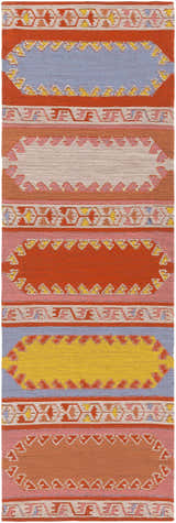 Close-up of the Gumberry Area Rug. Hand-woven rug with brick red, blue, yellow, and pink geometric patterns. Design-Runner-268